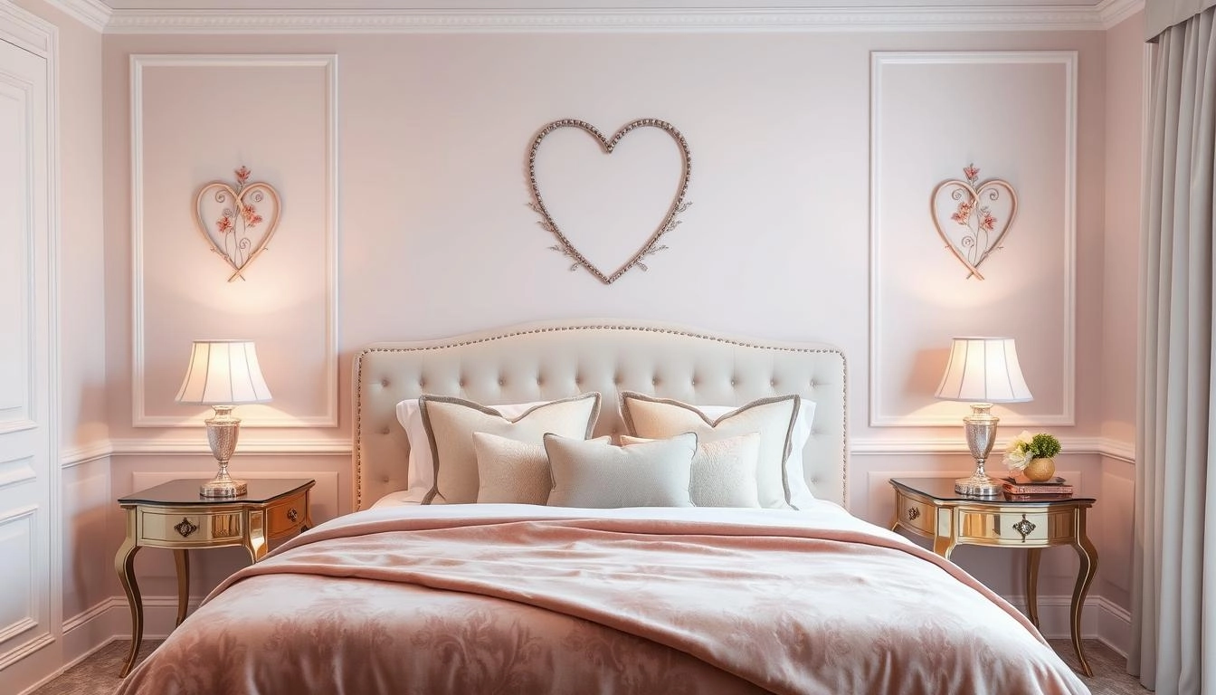 Elegant bedroom design with soft pastel colors, heart-shaped wall art, floral accents, a plush velvet bedspread, warm bedside lamps, and decorative pillows, creating a serene and inviting atmosphere.