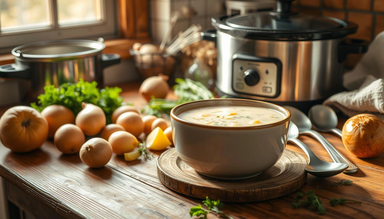 A cozy kitchen scene with a rustic wooden table featuring a steaming bowl of creamy potato soup, surrounded by fresh potatoes, onions, and herbs, with a slow cooker and ladles nearby, sunlight filtering through a window to highlight the warm, inviting atmosphere.