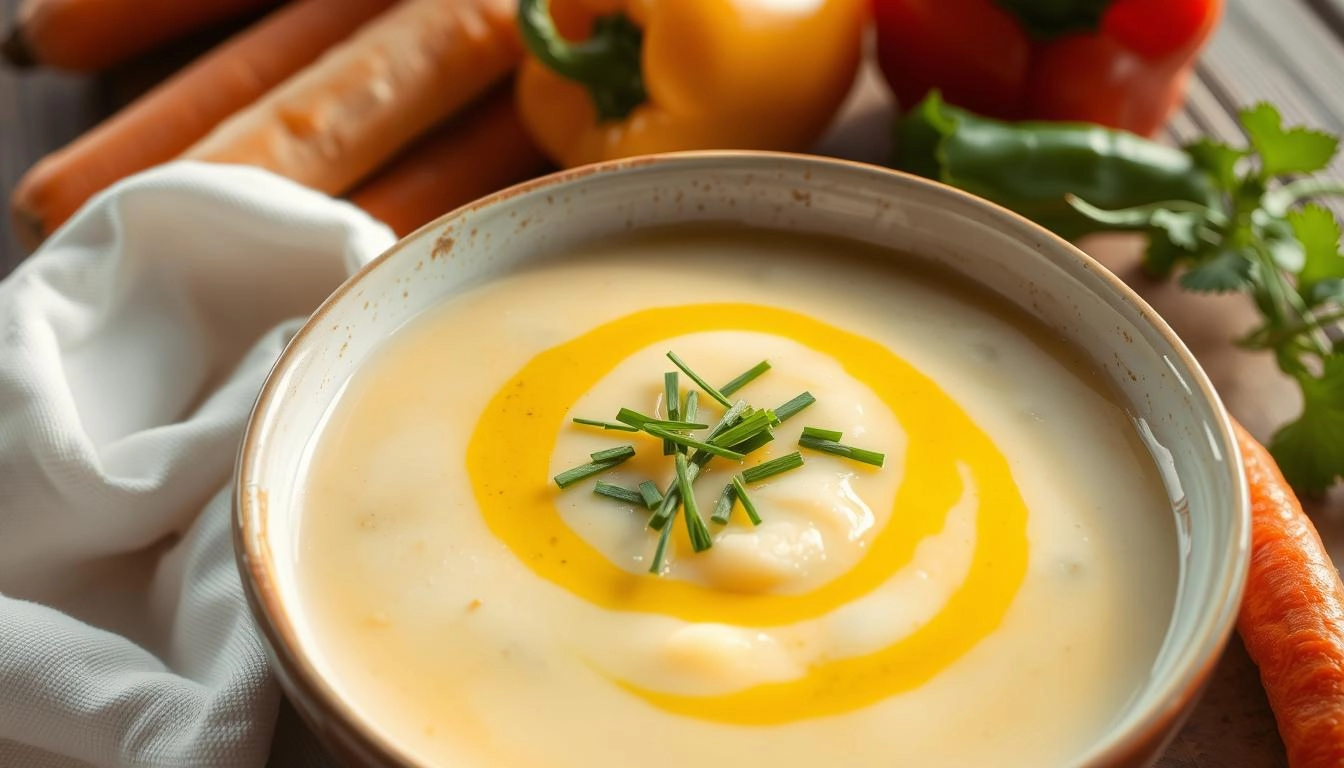 A steaming bowl of creamy potato soup topped with fresh chives and a drizzle of olive oil, surrounded by colorful vegetables like carrots and bell peppers, set on a rustic wooden table with natural light highlighting the scene, evoking warmth and nutrition.