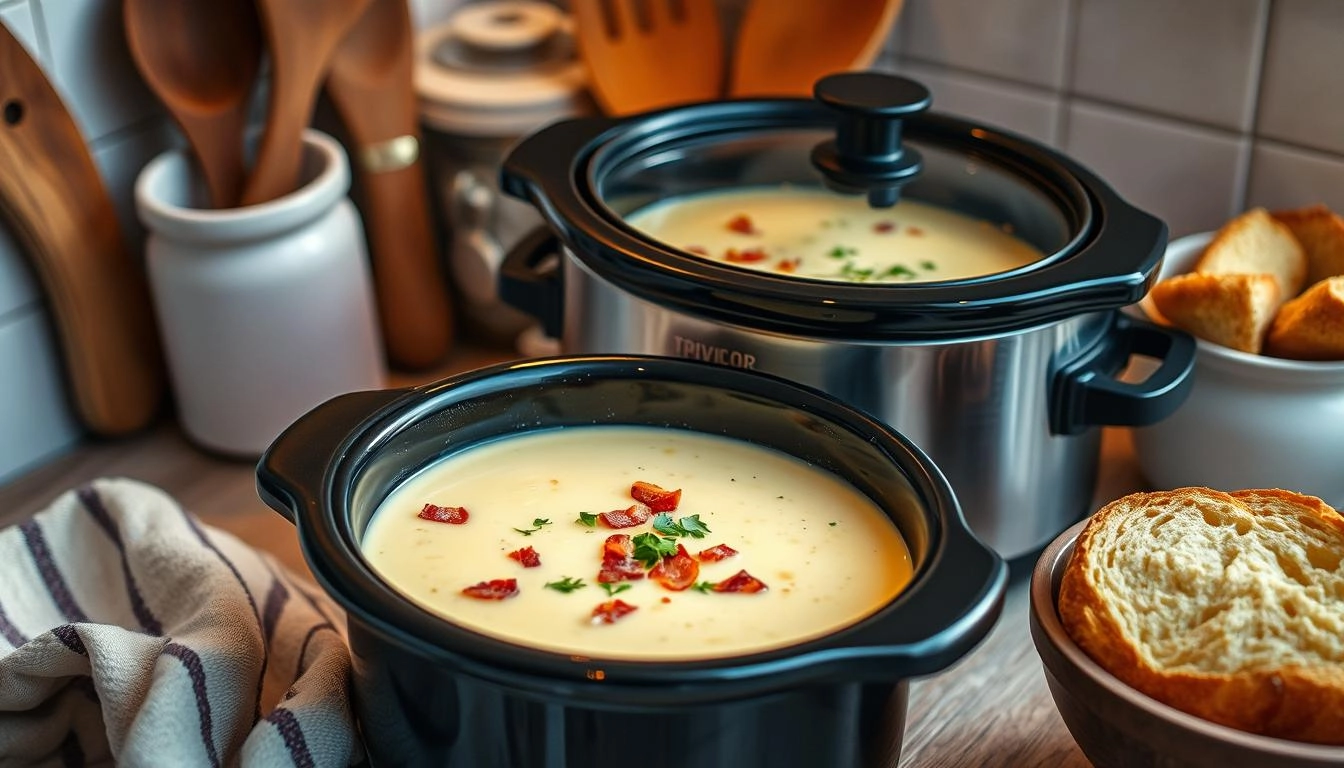 A cozy kitchen scene with a slow cooker filled with creamy potato soup, garnished with fresh herbs and crispy bacon bits, warm light highlighting the steam rising from the pot, surrounded by rustic wooden utensils and a bowl of fresh bread, set against a charming homey backdrop.