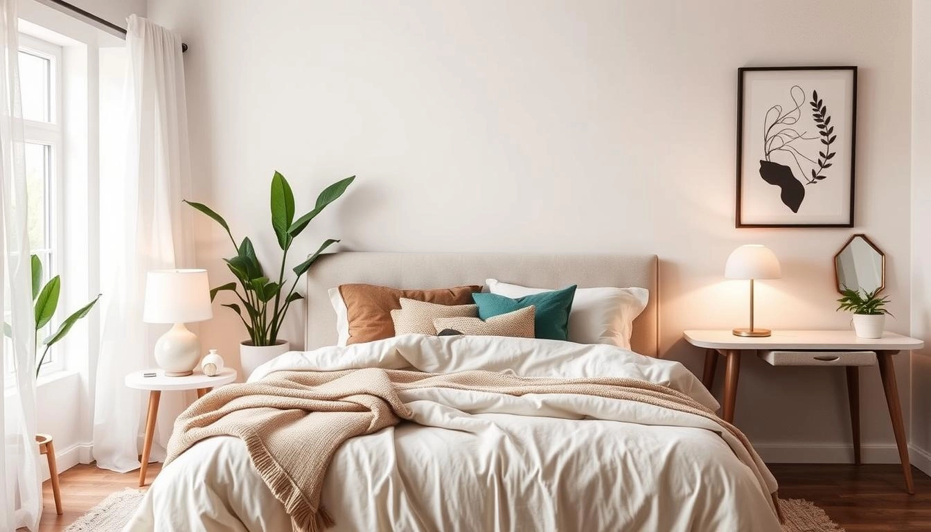 Cozy bedroom design with a calming color palette, plush bedding, layered textiles, soft bedside lamp lighting, potted plants, stylish wall art, and a minimalist workspace corner, creating a warm and inviting atmosphere.