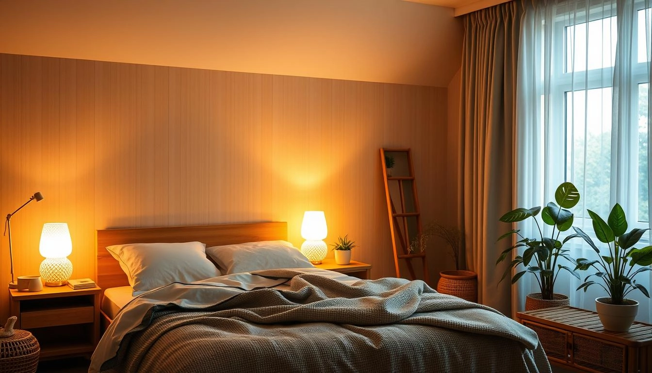 Serene bedroom with LED lighting, sheer curtains, and eco-friendly elements including bamboo furniture and plants