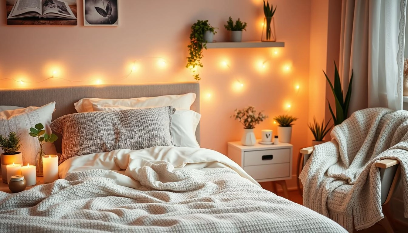 A warmly lit bedroom with a plush bed layered in soft blankets and textured pillows, a bedside table holding soothing candles and an essential oil diffuser with gentle steam wafting upward. A cozy armchair draped with a knitted throw sits nearby, while soft fairy lights and potted plants enhance the serene ambiance. Calming pastel tones complete the tranquil, inviting atmosphere for a peaceful night in.