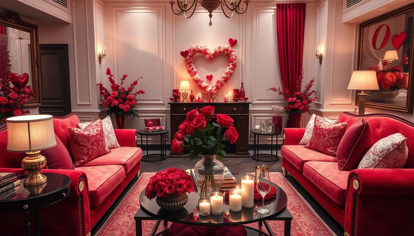 Elegant living room with luxurious Valentine's Day decor, showcasing rich reds and soft pinks, plush sofas with romantic throw pillows, delicate heart-shaped accents, fresh roses in vases, cozy lighting from stylish lamps, and a coffee table adorned with candles and decorative items for a warm, inviting ambiance.