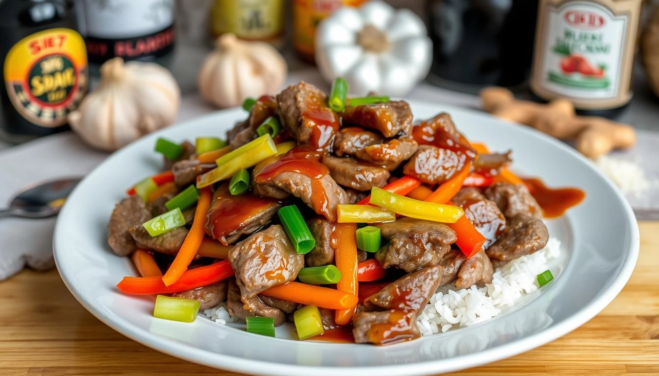 A beautifully plated dish of Mongolian beef with tender slices of beef stir-fried with green onions and bell peppers, drizzled with glossy brown sauce, set against a kitchen backdrop featuring soy sauce, garlic, and ginger, highlighting the rich textures and appetizing colors.