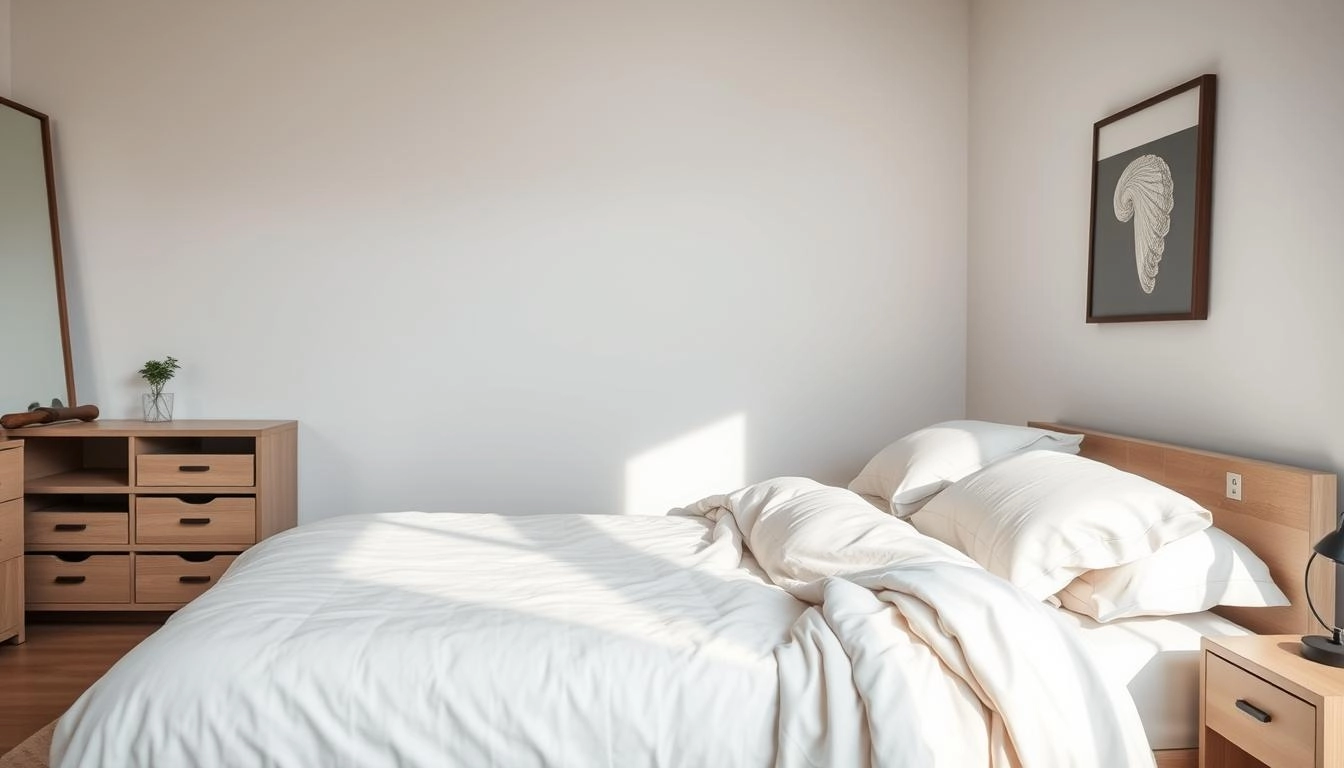 A serene bedroom blends calm blues and whites, with a tidy bed, clean furniture, a small plant, and soft light creating a peaceful space.