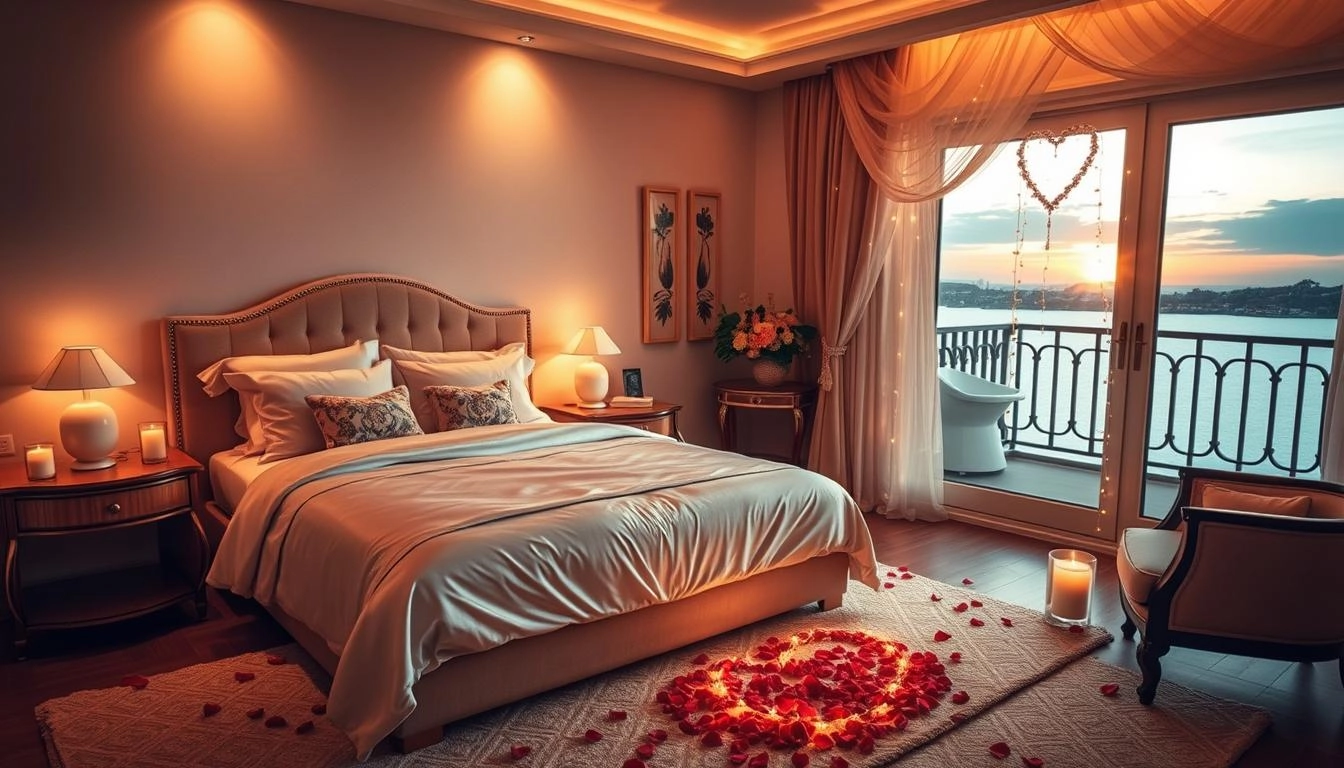 Cozy romantic bedroom with soft lighting, a plush bed adorned with silk sheets and decorative pillows, candles on bedside tables, rose petals scattered on the floor, heart-shaped fairy lights, elegant curtains fluttering by an open window, and a balcony overlooking a sunset.