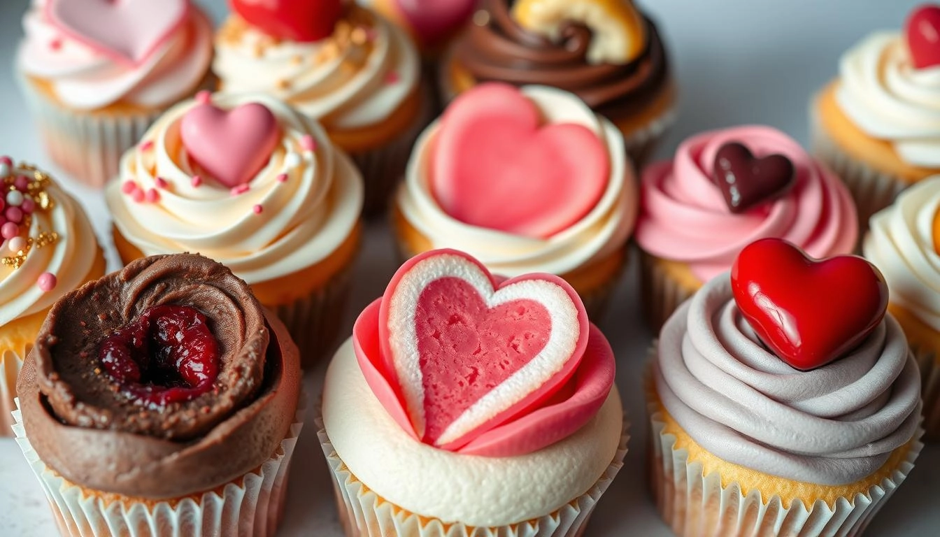 Valentine's Day cupcakes with colorful fillings like chocolate ganache, raspberry mousse, and lemon curd, topped with elegant frosting and heart sprinkles.