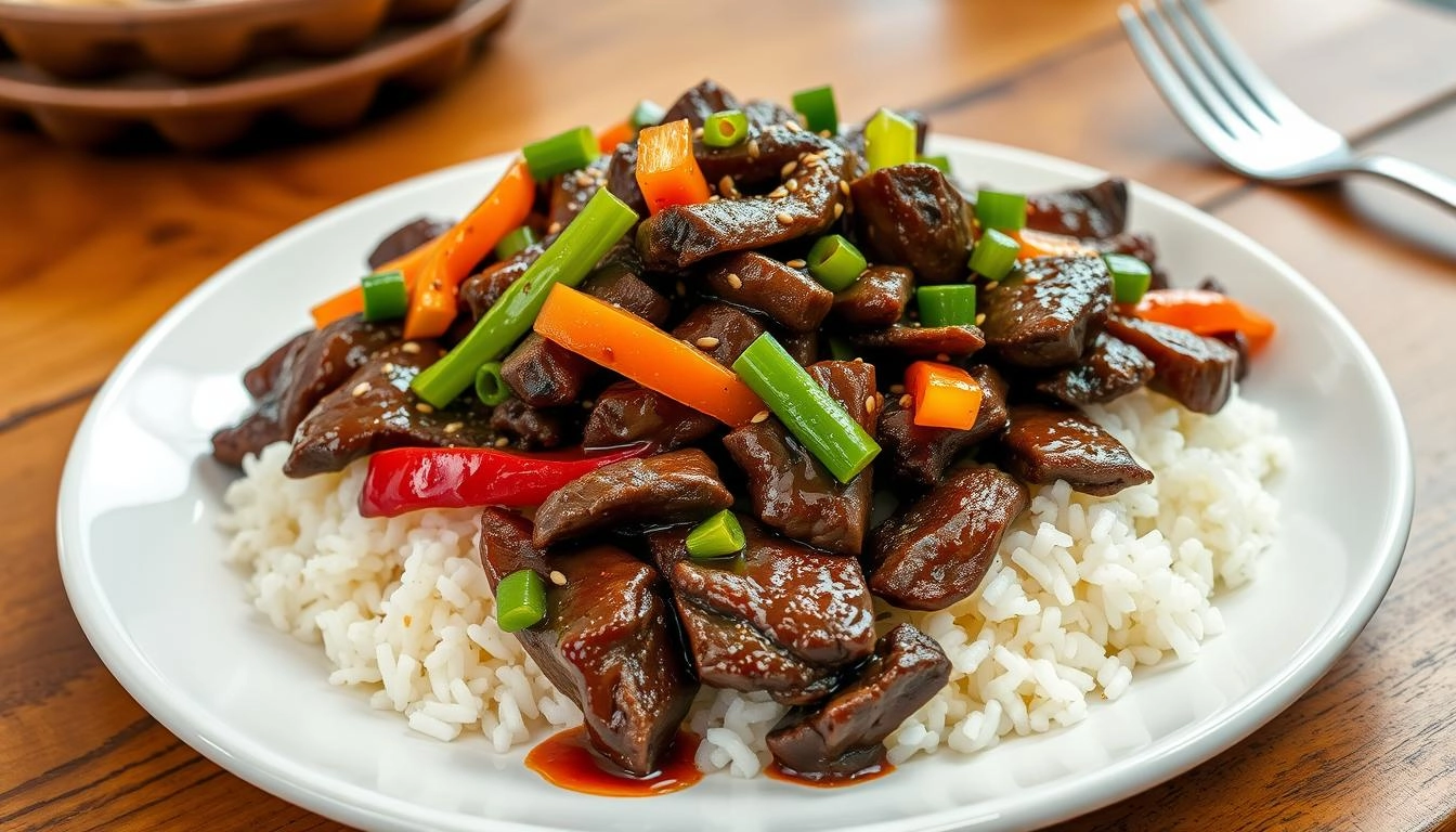 A beautifully arranged plate of Mongolian beef with tender beef slices stir-fried with green onions and bell peppers, served over white rice, garnished with sesame seeds and a drizzle of soy-based sauce, set on a rustic wooden table with soft natural lighting.