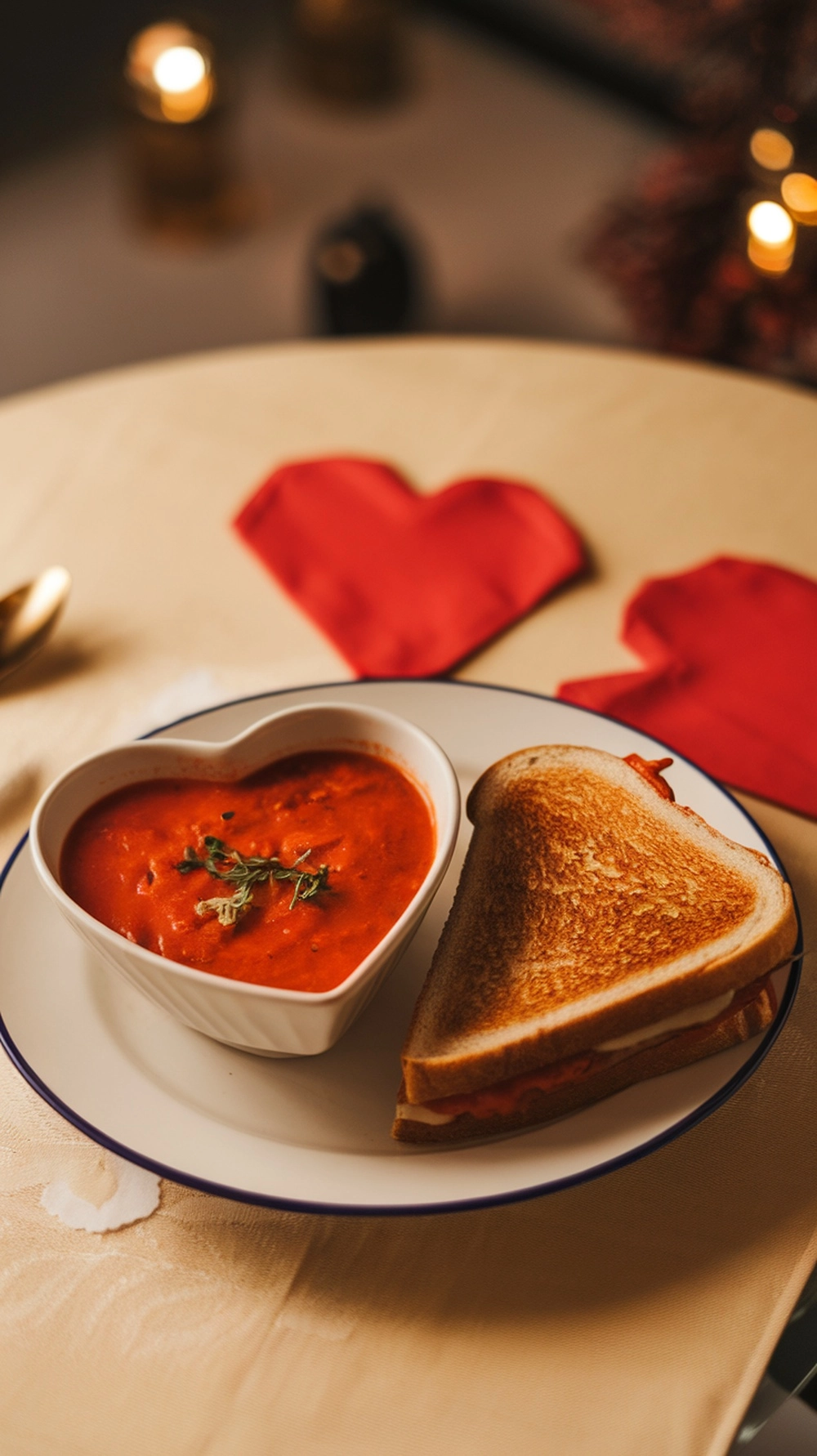 A romantic lunch of grilled cheese sandwiches and tomato soup served in heart-shaped bowls.