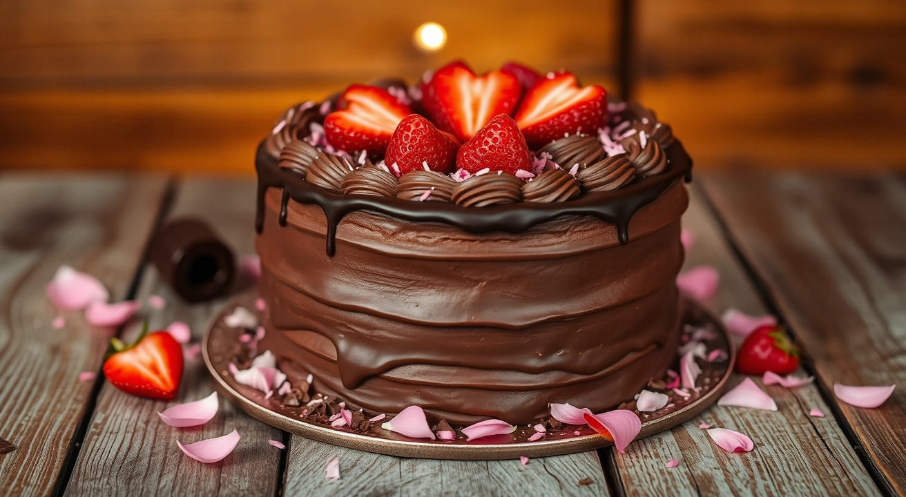 Chocolate cake with ganache, strawberry garnishes, and rose petals on a rustic table.