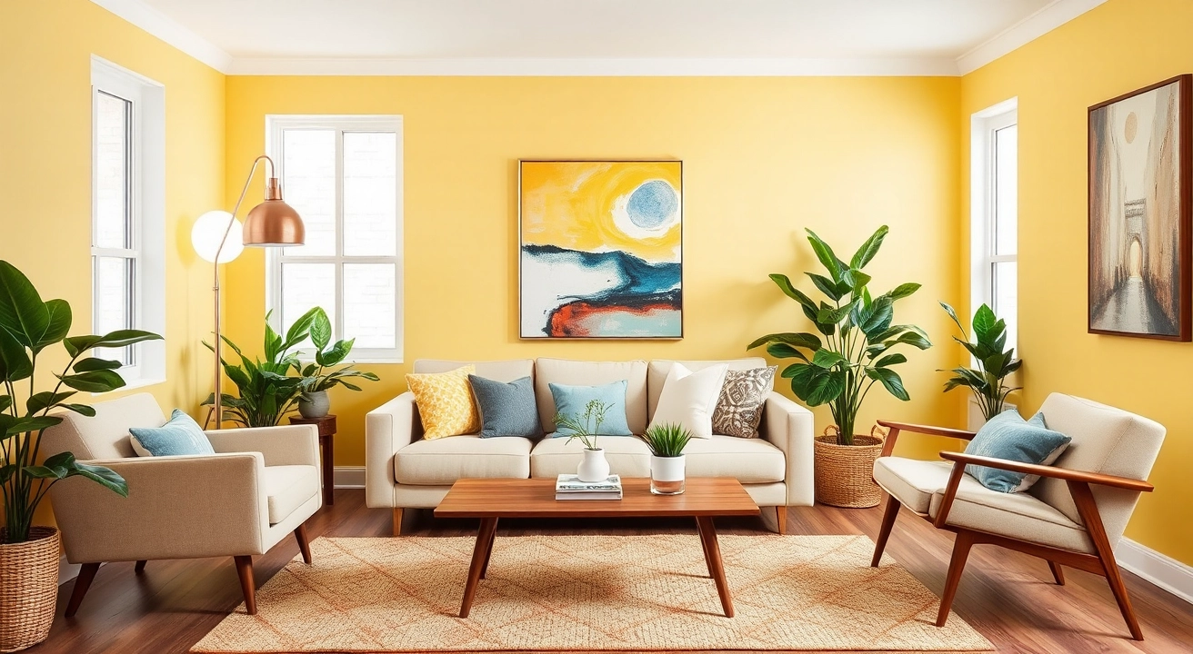 Cozy living room with bright yellow walls, mid-century modern furniture, a plush beige sofa with decorative throw pillows, a wooden coffee table, vibrant green plants, a stylish floor lamp, and a large abstract artwork on the wall.