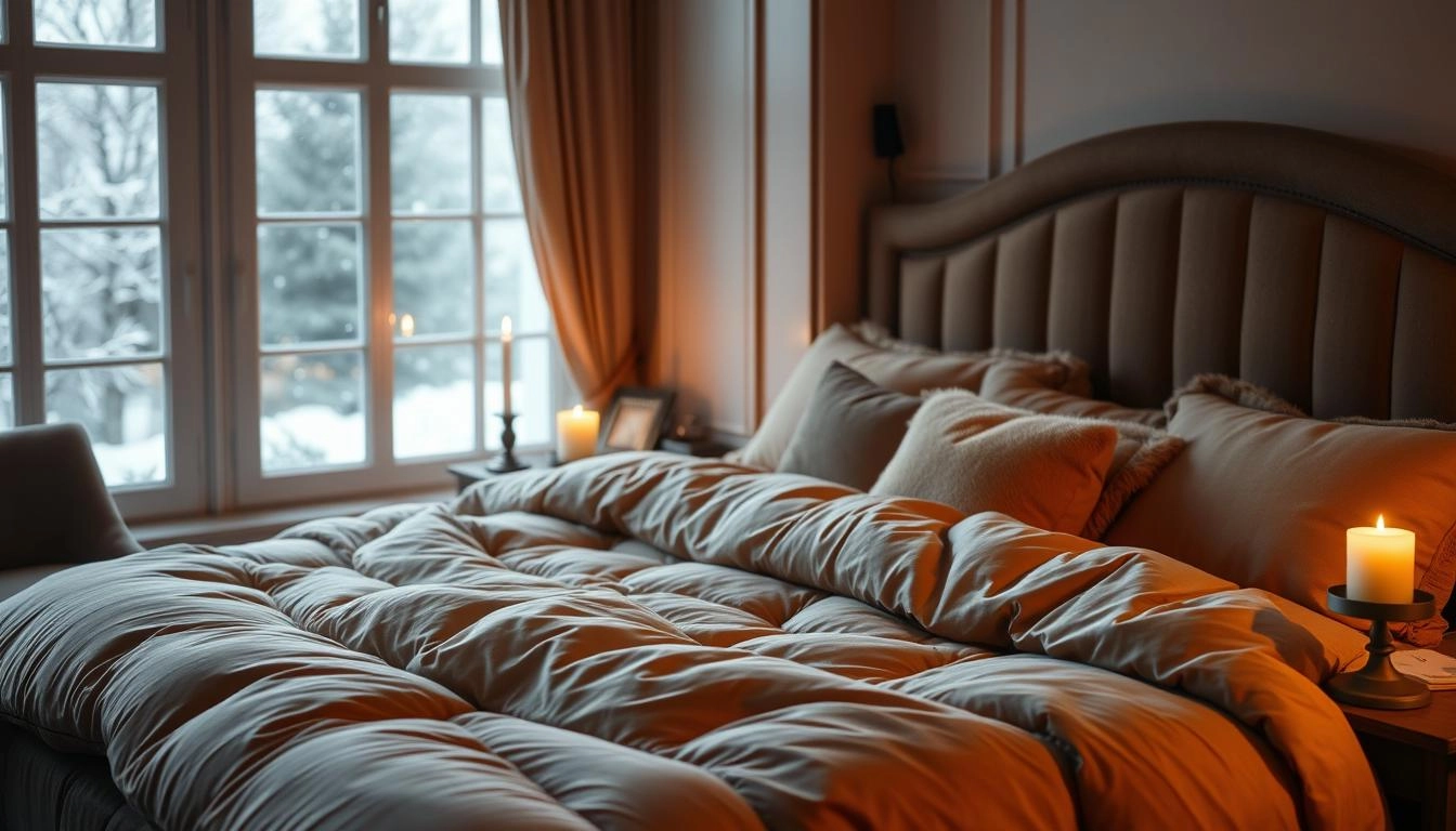 Cozy bedroom with plush king-size bed, luxurious duvet in warm tones, fluffy pillows, flickering bedside candle, and frost-kissed windows with snowflakes outside.