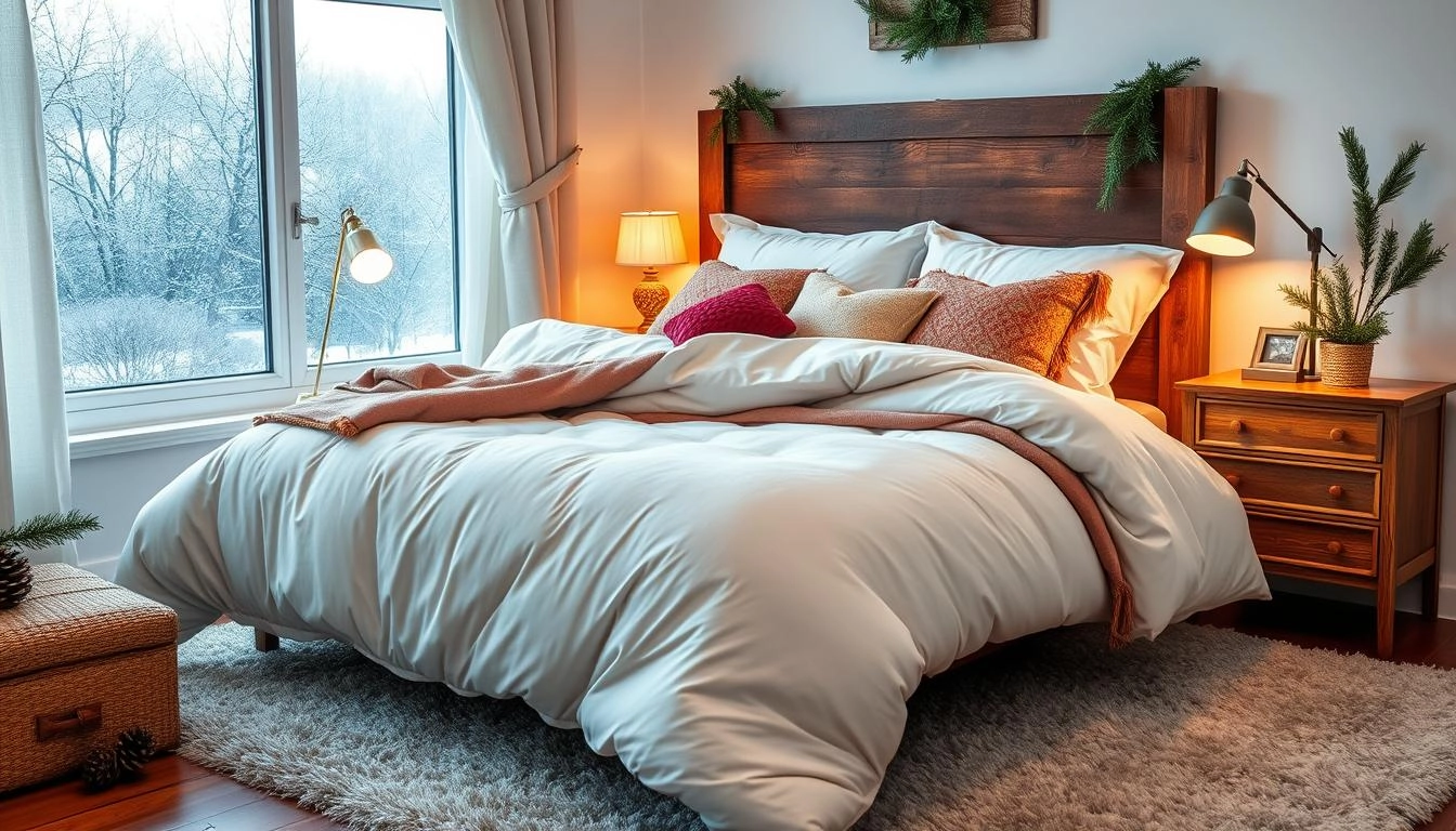 Cozy winter bedroom with a perfectly made bed featuring fluffy down comforters, layered neutral-toned blankets, and vibrant decorative pillows. Rustic wooden headboard, warm ambient lighting from bedside lamps, plush area rug on hardwood floor, and a frosted window with gently falling snow outside. Winter-themed decor, including pinecones and evergreen branches, enhances the serene atmosphere.