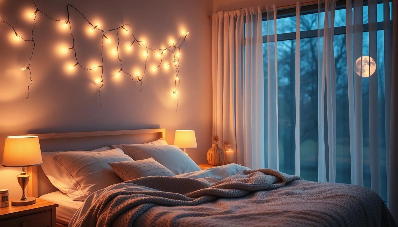 Cozy bedroom with warm lighting from bedside lamps, fairy lights, and candles, featuring sheer curtains and a plush blanket for a tranquil, relaxing bedroom lighting ideas atmosphere.