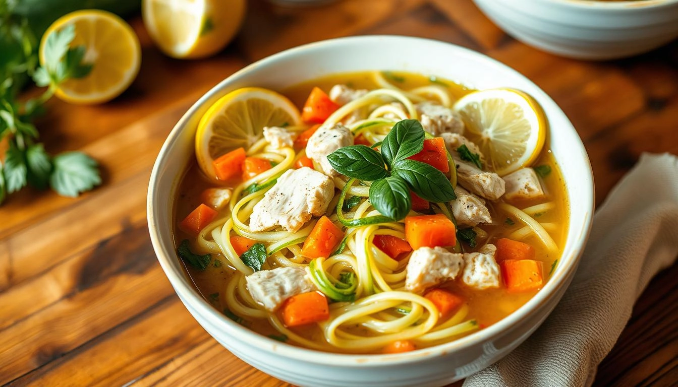 Vibrant zucchini noodle chicken soup with zucchini, chicken, veggies, herbs, and lemon slices on a rustic table, featuring warm lighting and a cozy vibe.