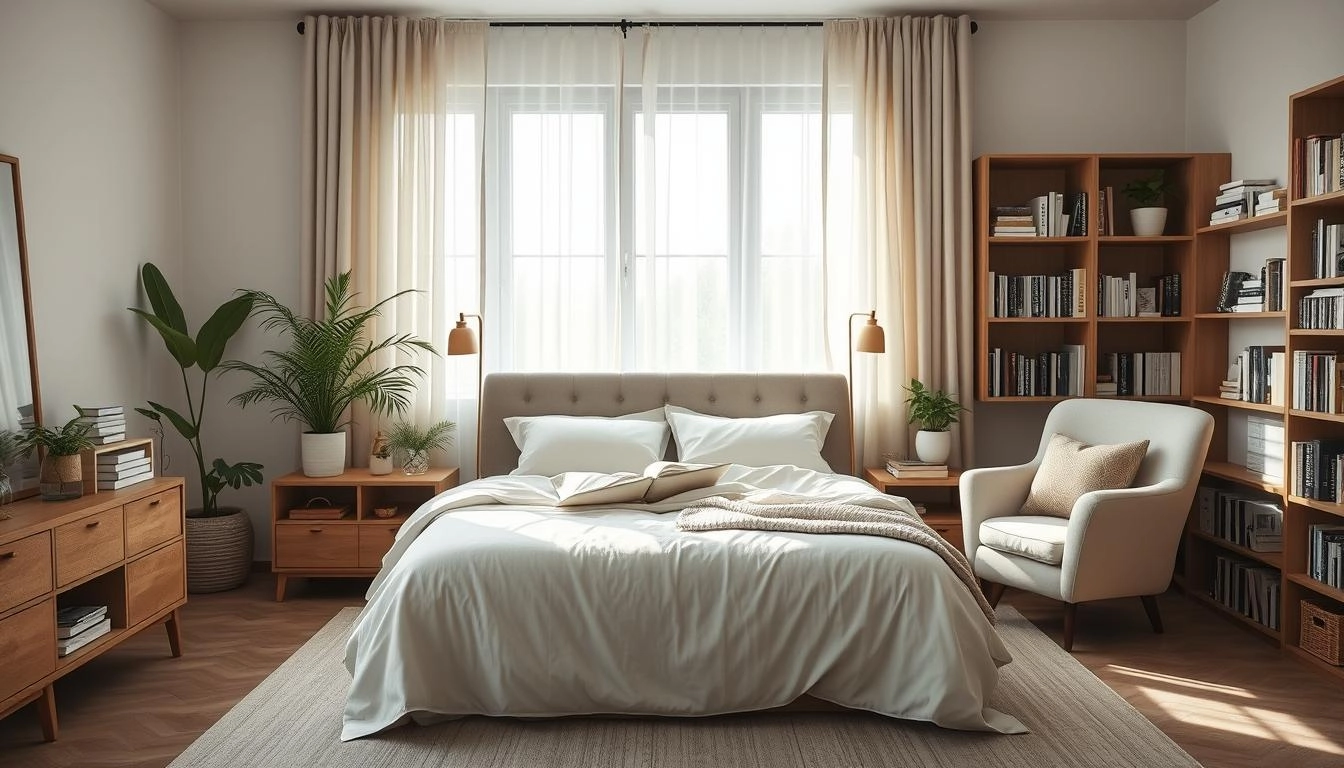 organized bedroom ideas with a pristine bed, minimalist furnishings, soft natural light, strategically placed houseplants, and a cozy reading corner with neatly organized bookshelves.