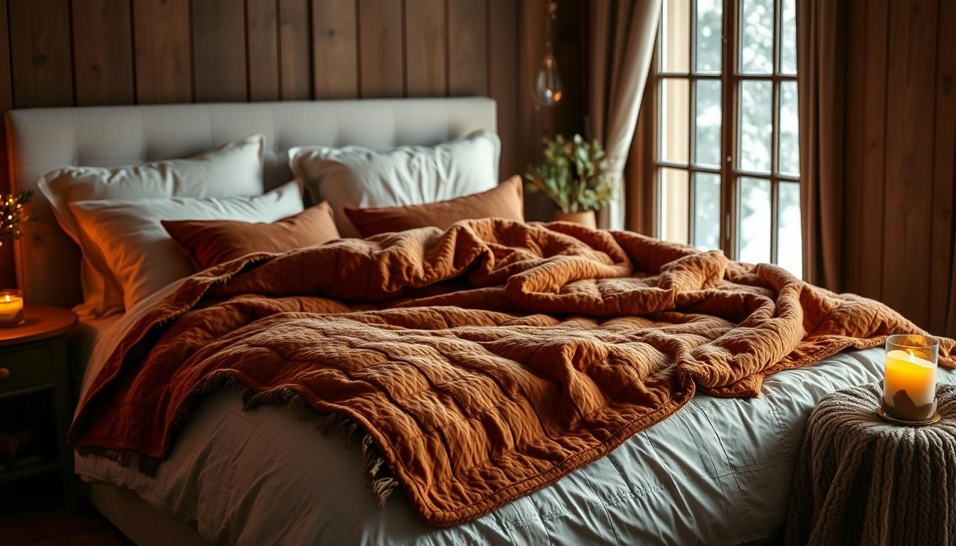 Cozy bedroom with luxurious winter quilts, soft pillows, and a knitted throw, illuminated by candlelight, with snow gently falling outside.