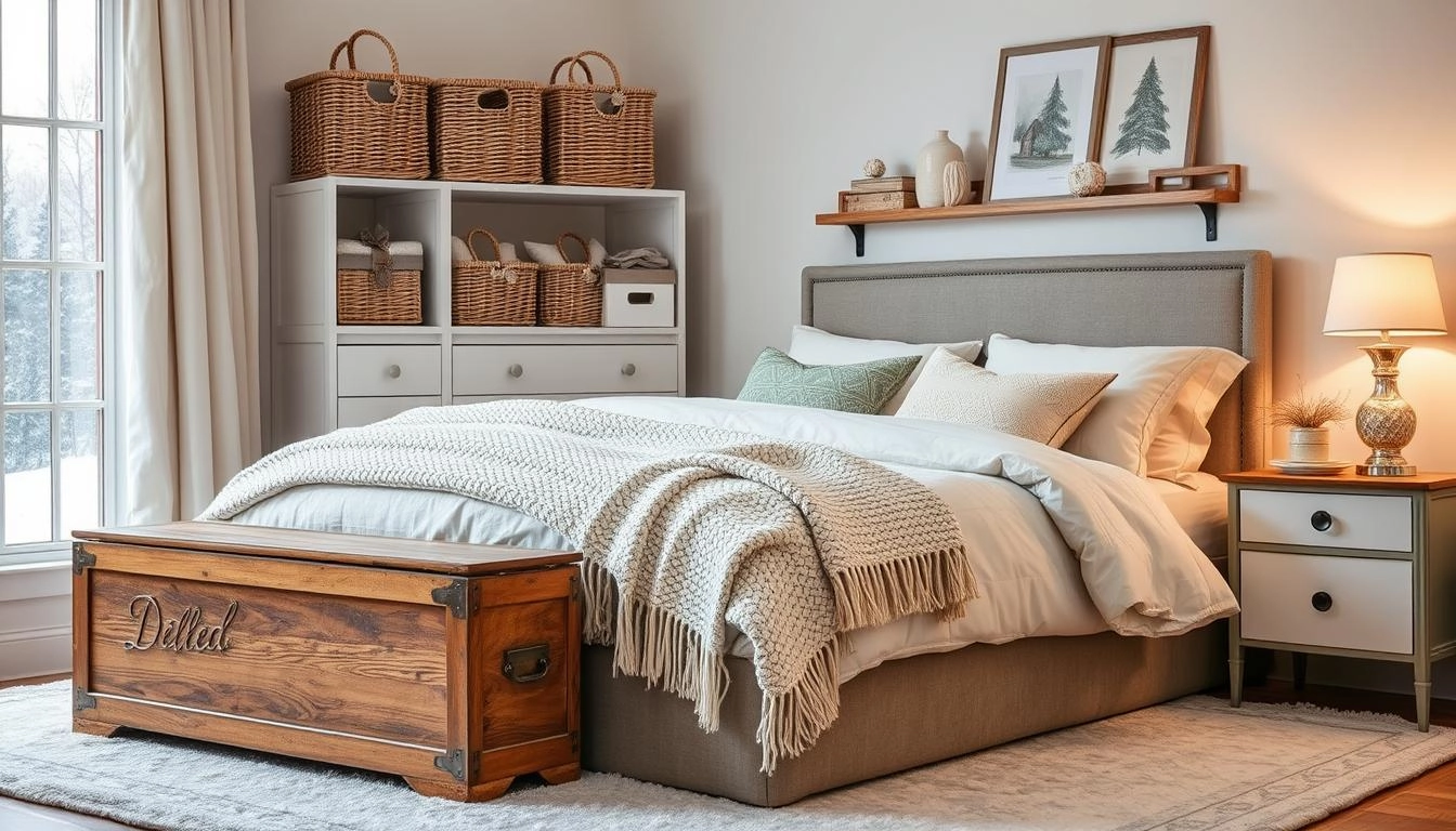 A winter-themed bedroom with elegant storage solutions: a wooden blanket chest, woven baskets on shelves, and decorative boxes for accessories. Chunky knit throws and plush pillows in whites, grays, and blues add softness. A warm bedside lamp glow and snowflakes outside create a cozy, inviting vibe.