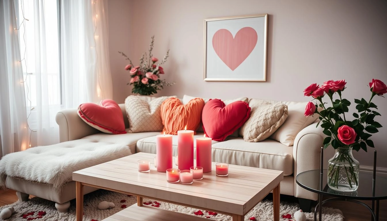 Valentine's Living Room Decor with heart-shaped cushions on a plush sofa, a coffee table decorated with pink and red candles, romantic wall art, fairy lights framing the windows, and a vase of fresh roses on a side table, creating a warm and inviting ambiance.