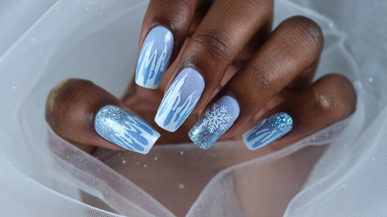 Icy blue winter nails with shimmering frost details, a snowflake design, and sparkling glitter accents on a soft white background.