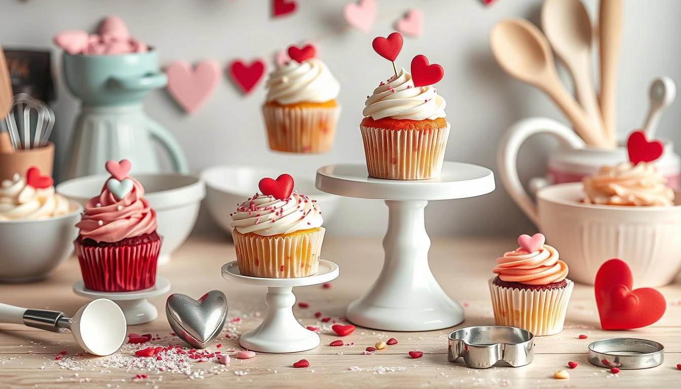 Valentine's Day cupcakes on pedestals with vibrant decorations, surrounded by baking tools in a cozy kitchen setting.