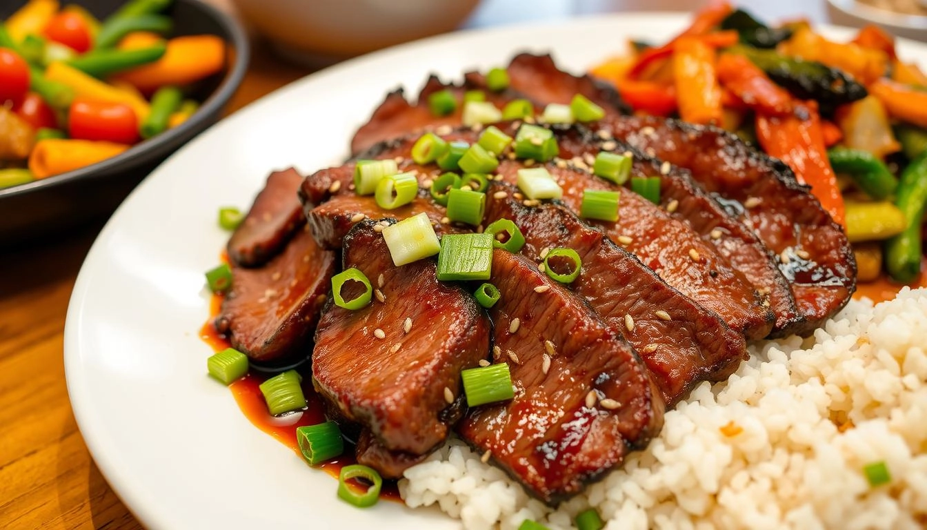 A beautifully plated dish of tender Mongolian beef in a savory, glossy sauce, garnished with green scallions and sesame seeds, set on a warm wooden table, accompanied by steamed rice and colorful stir-fried vegetables, creating an inviting and appetizing scene.