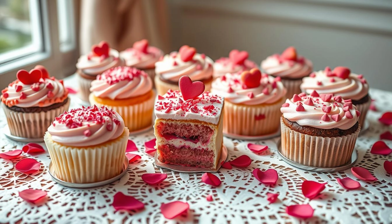 Mini Valentine's cakes and cupcakes with pink frosting, heart sprinkles, and rose petals on a lace tablecloth.