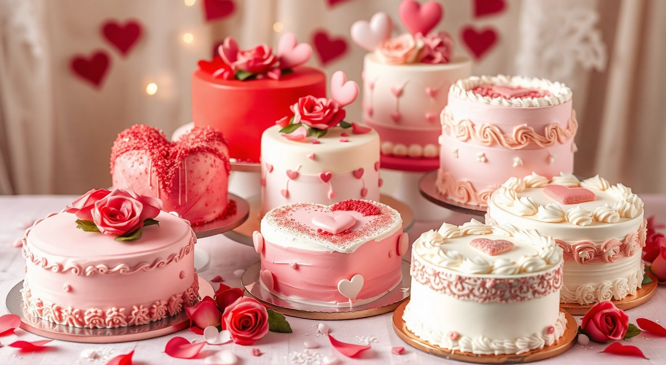 Valentine's Day cakes with pastel icing, floral details, and heart shapes on a table with roses and soft lighting.