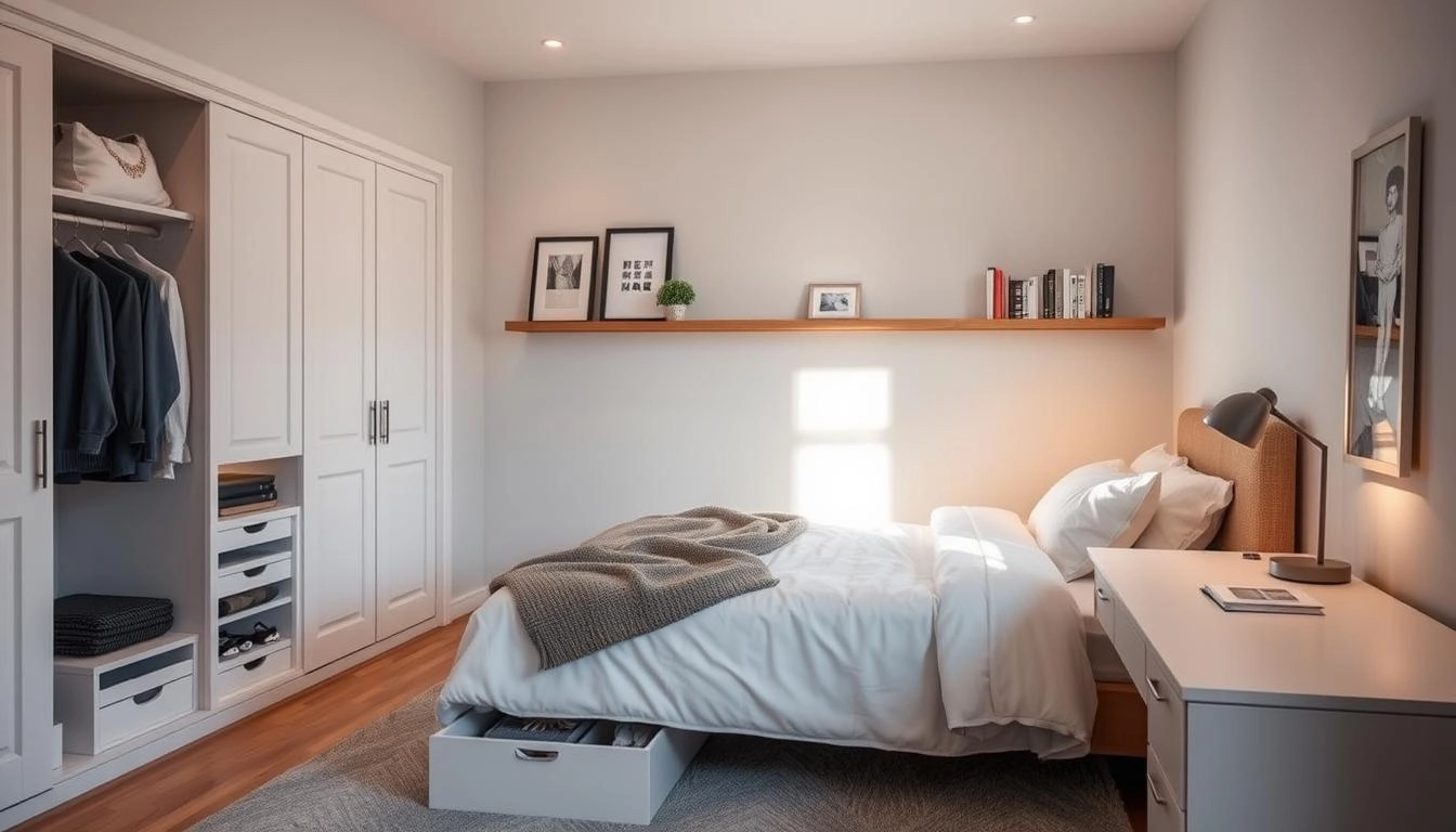 Serene bedroom with smart storage, organized closet, reading nook, minimalist desk, soft lighting, and calming tones creating a peaceful retreat.