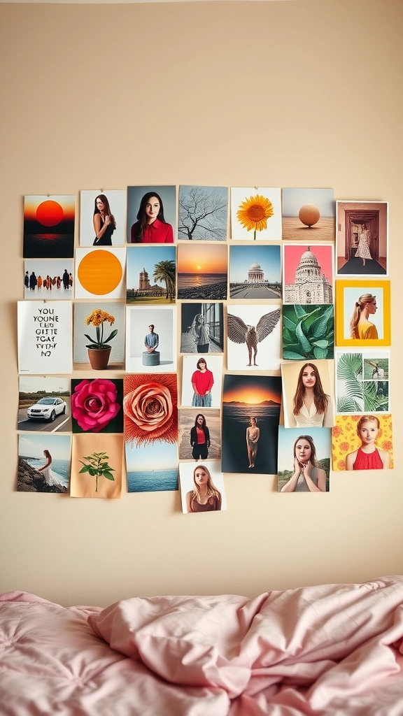 A corkboard filled with photos, quotes, and inspirations, showcasing a creative mood board.