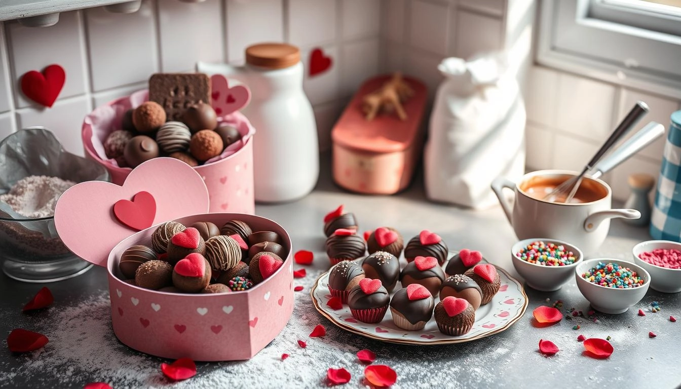 Kitchen counter with Valentine's treats - heart-shaped box of truffles, chocolate-dipped strawberries, melted chocolate in a saucepan, and sprinkles. Decorated with rose petals and baking ingredients, lit by soft natural light.