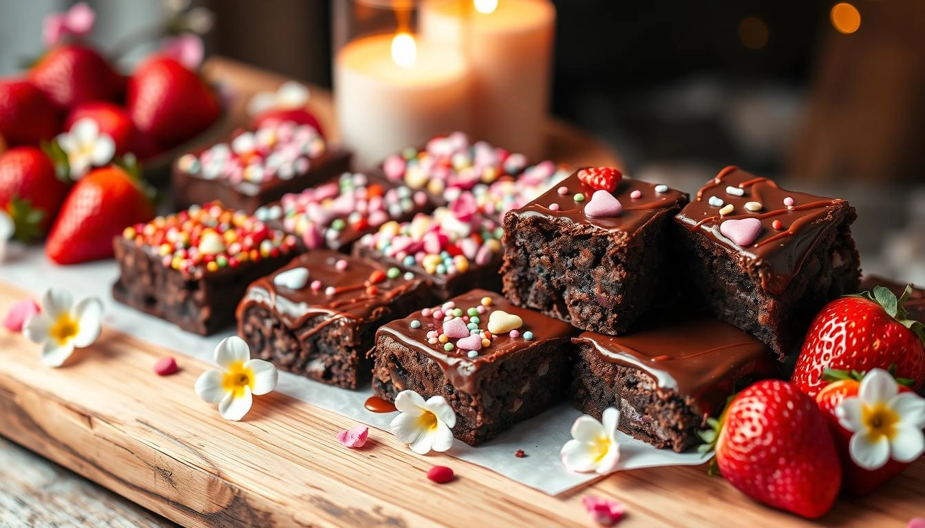 No-bake brownies topped with ganache, heart sprinkles and caramel, arranged with strawberries and edible flowers on a wooden table