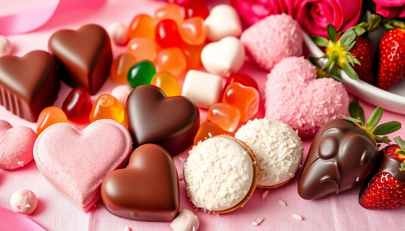 A display of sugar-free Valentine's treats including heart-shaped truffles, fruit gummies, coconut macaroons, and chocolate-dipped strawberries on a romantic pink and red backdrop.