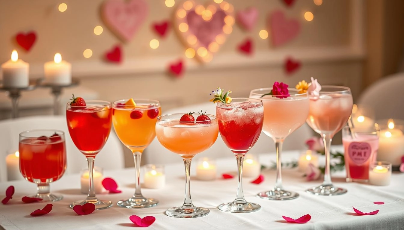 Non-alcoholic Valentine's cocktails with fresh garnishes and heart decorations in soft candlelight.