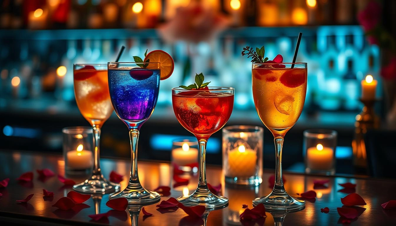 Romantic cocktail display with elegant garnishes and vintage glassware in candlelit setting.