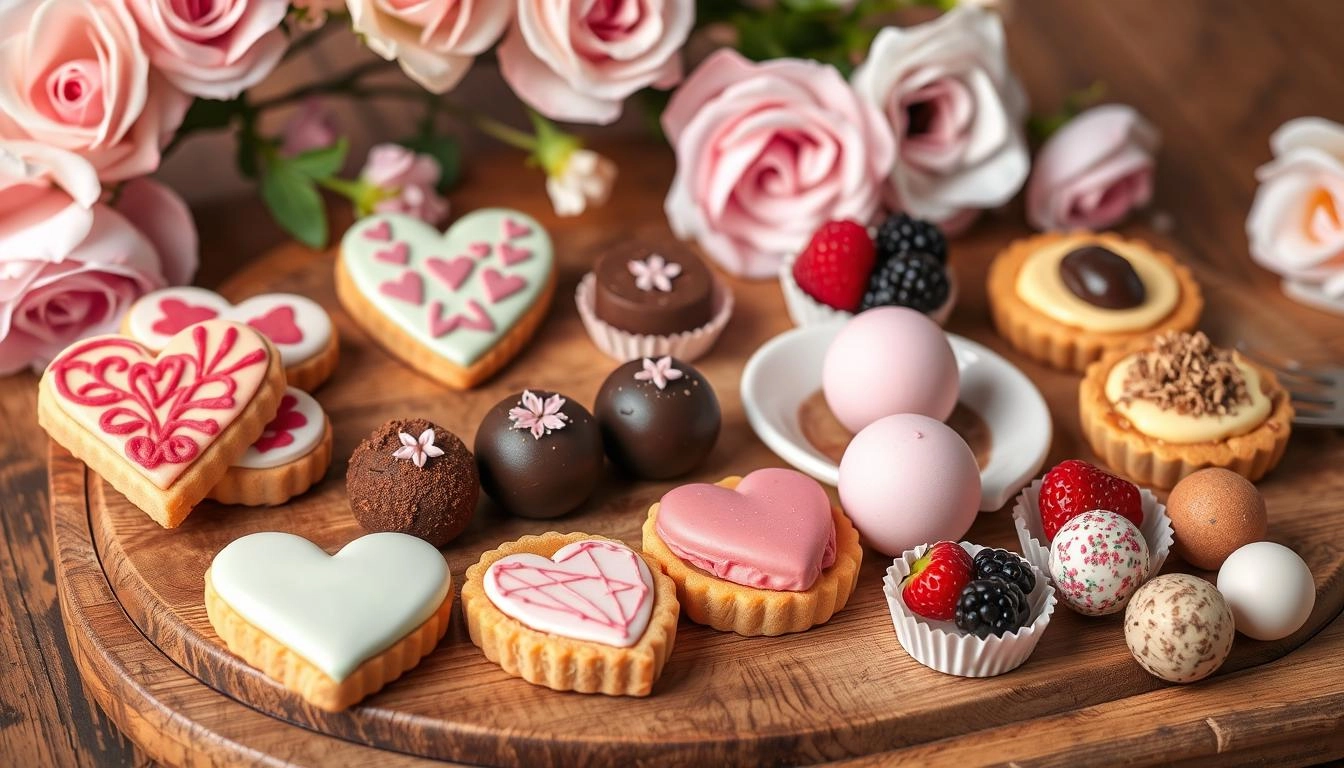 Gluten-free, vegan Valentine's sweets: Heart cookies, chocolate truffles, fruit tarts, and energy balls on a wooden table with pastel floral background.