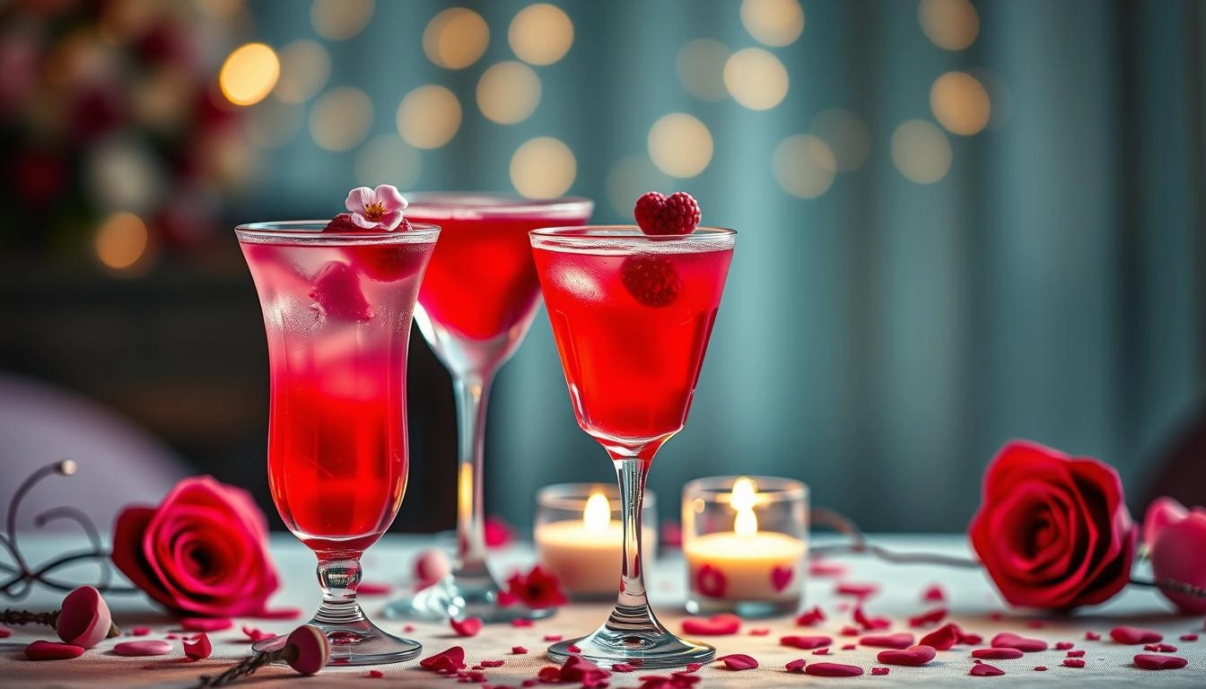 Three romantic pink and red cocktails with fruit garnishes and heart decorations in candlelit setting.