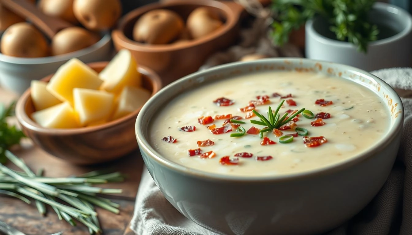 A steaming bowl of creamy potato soup garnished with fresh chives and crispy bacon bits, surrounded by rustic wooden kitchen utensils, a bowl of fresh potatoes, and herbs, set against a cozy kitchen backdrop with soft lighting.