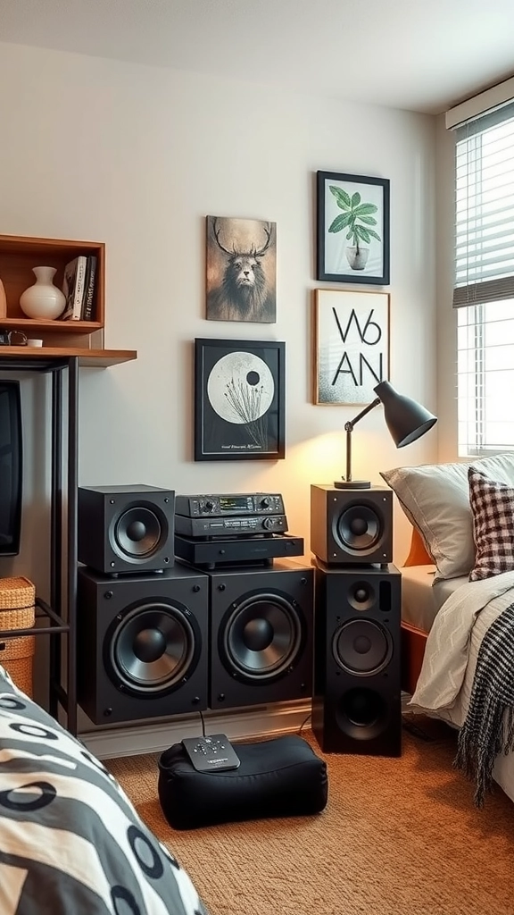 A stylish sound system arranged in a luxury dorm room, featuring large speakers and a central audio unit.