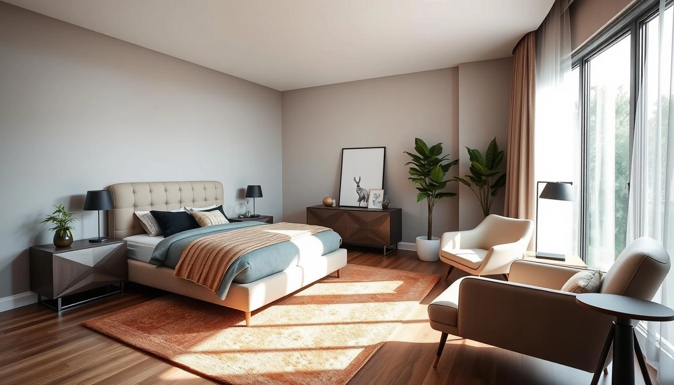 Modern bedroom with sleek, minimalist furniture, a plush neutral-toned headboard, geometric nightstands, a cozy reading nook with an elegant armchair, a warm area rug, natural light streaming through sheer curtains, fresh greenery, and decorative accents creating a serene atmosphere.