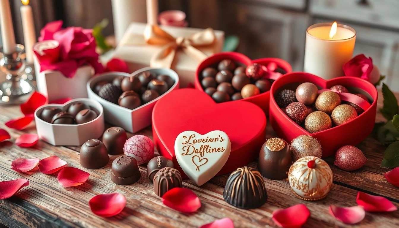 A romantic display of heart-boxed chocolates, dark truffles, pink raspberry bonbons, and gold-dusted pralines arranged with rose petals and candlelight on a wooden table.