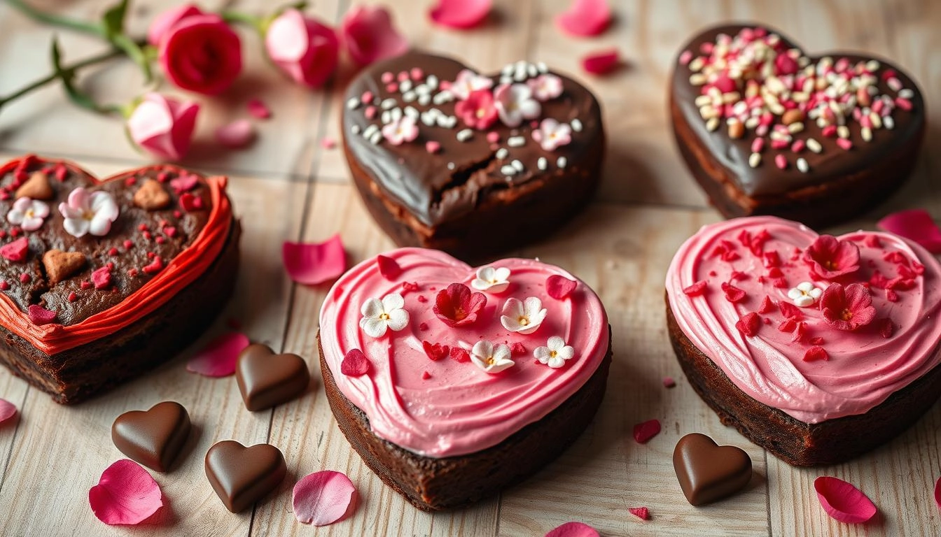 Heart-shaped brownies decorated with pink and red frosting, edible flowers and sprinkles, displayed with rose petals and chocolate hearts on a wooden table