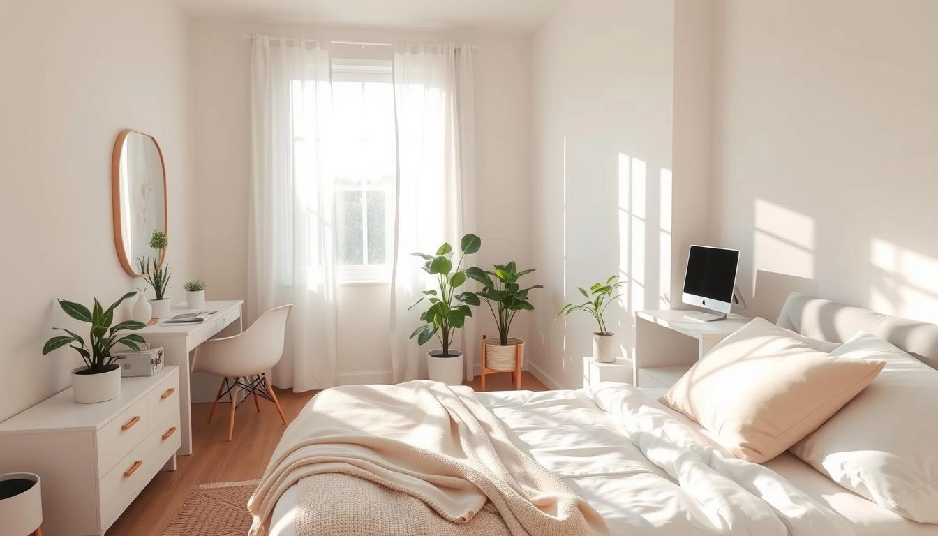 Peaceful bedroom with pastel colors, cozy bed, reading nook, minimalist desk, plants, and soft sunlight creating a serene space.