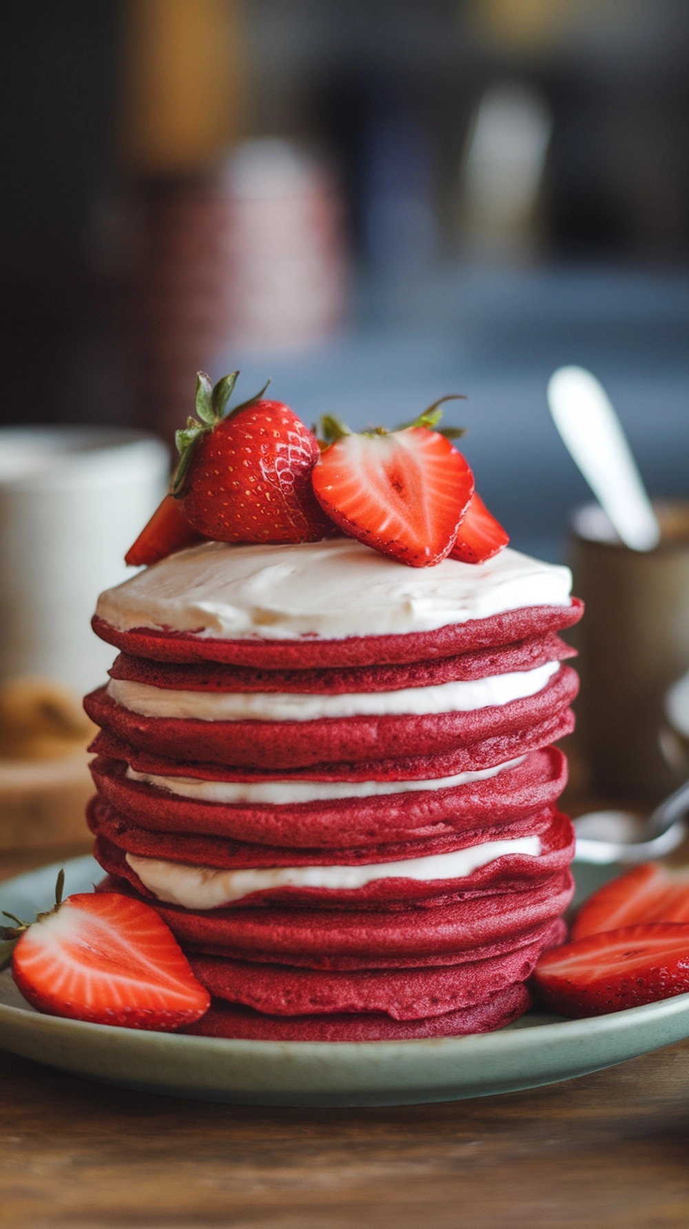 A stack of red velvet pancakes topped with cream cheese frosting and strawberries.