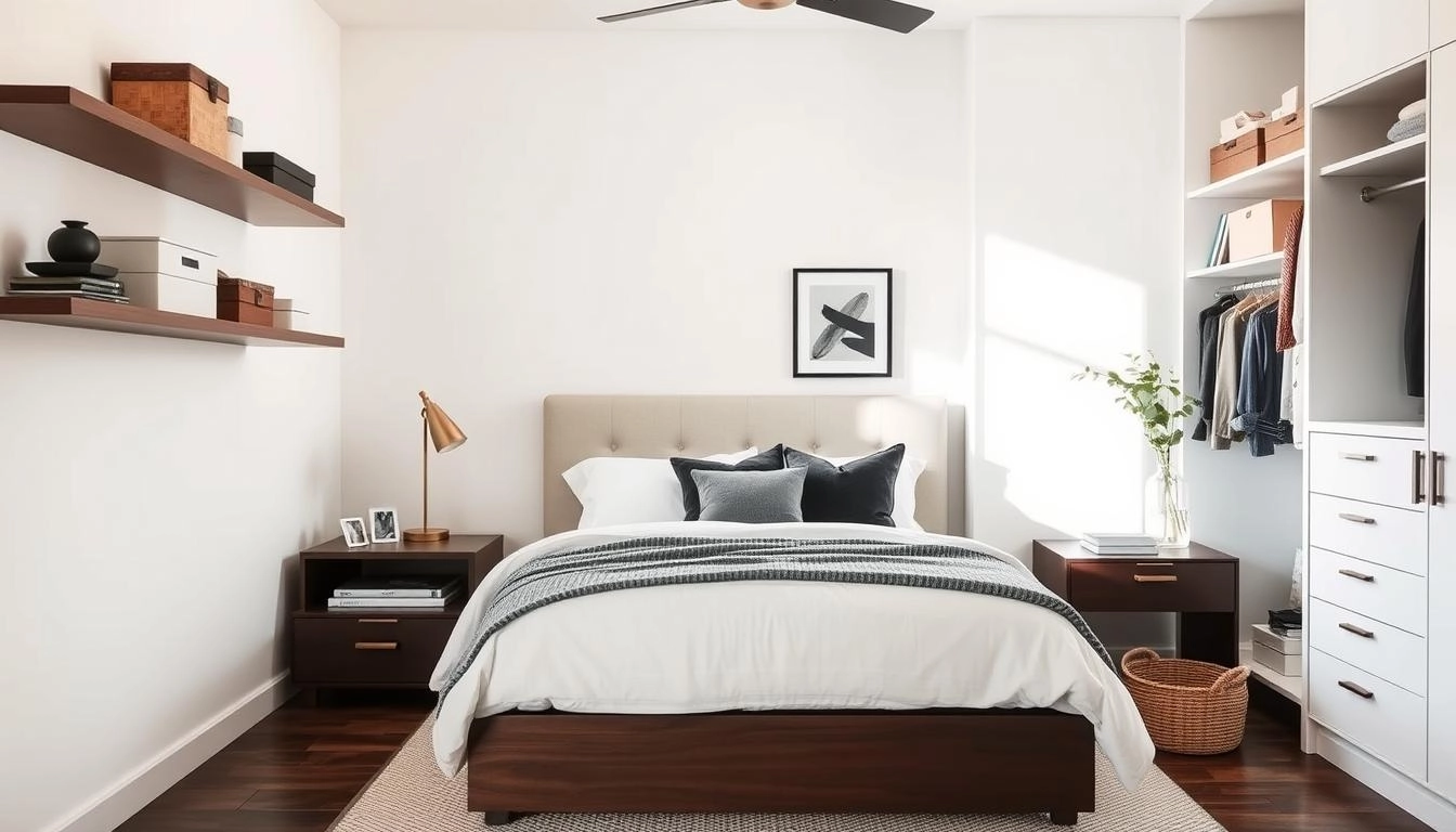 Serene bedroom with innovative storage solutions, including under-bed drawers, floating shelves with decorative boxes, a bedside table with hidden compartments, a cozy reading nook with a basket for books, and a minimalist closet organization system, all bathed in soft, natural light.