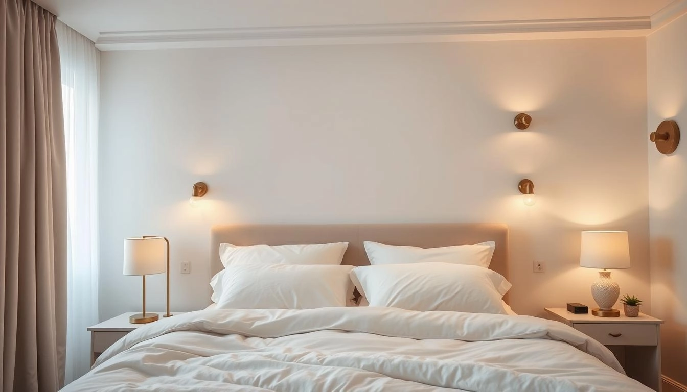 Serene bedroom with warm bedside lamps, pendant lights, and wall sconces, featuring soothing colors, plush bedding, and light-filtering curtains for a peaceful atmosphere.