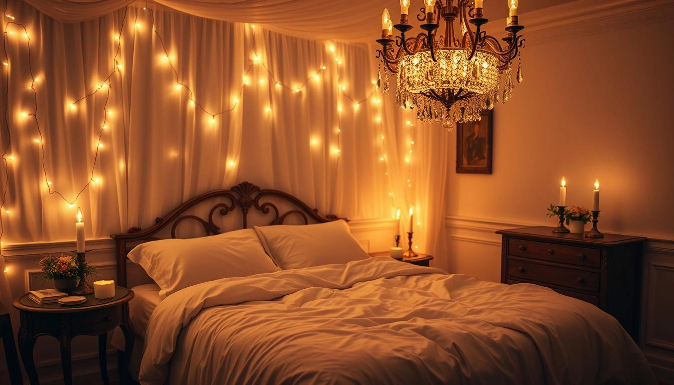 A cozy bedroom bathed in soft, warm lighting, featuring glowing fairy lights draped along the walls, a plush bed with silk sheets, flickering candles on bedside tables, and a vintage chandelier overhead, creating a romantic and serene ambiance.