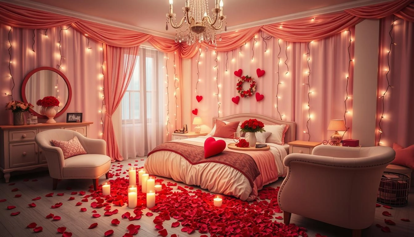 Romantic bedroom featuring soft pink and red hues, a heart-shaped bed with plush pillows, scattered rose petals, candles casting a warm glow, fairy lights on the walls, and a cozy seating area with a table set for two under a softly-lit chandelier.