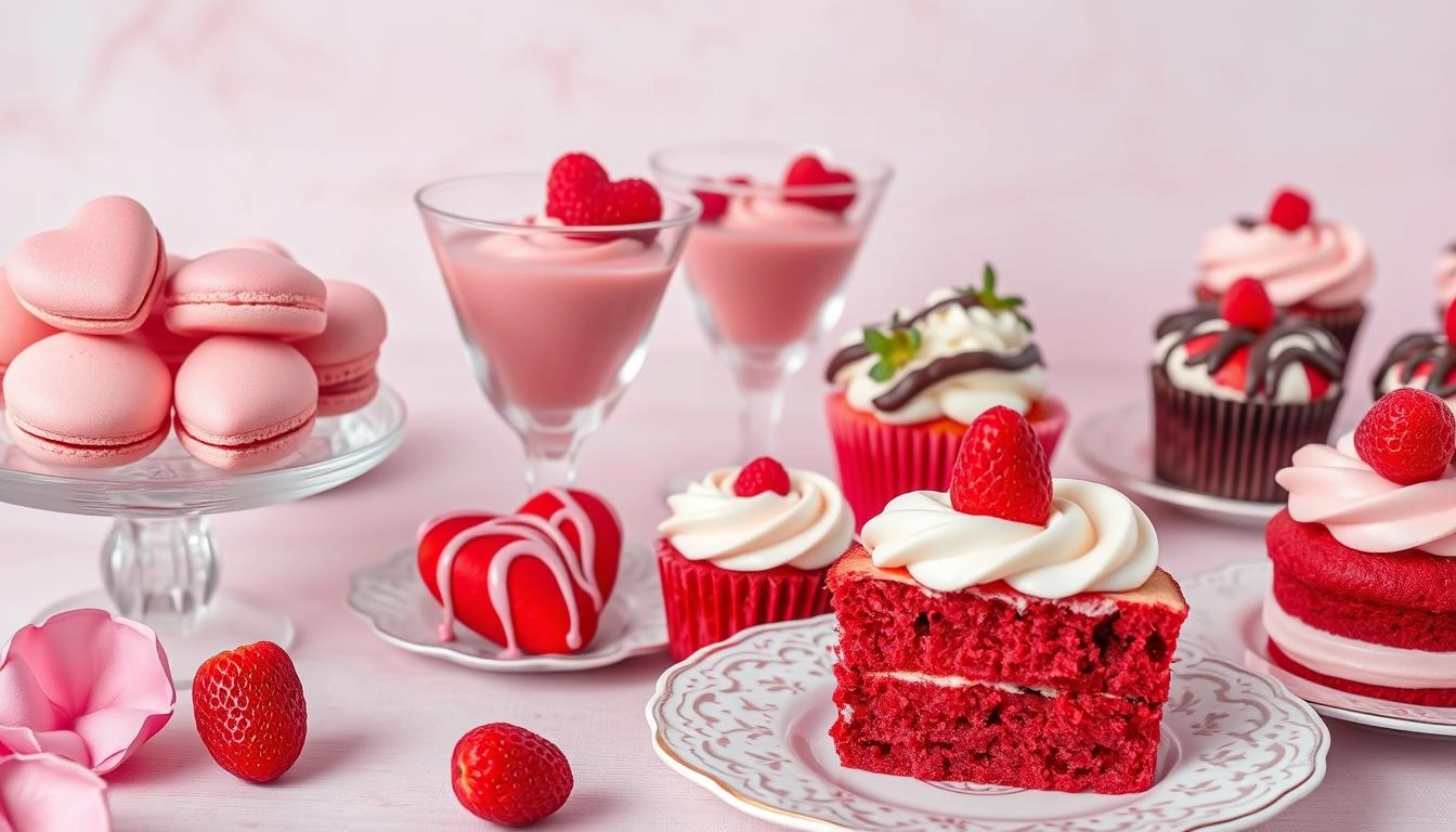 Pink and red Valentine's desserts: Heart macarons, raspberry sorbet, chocolate-dipped strawberries, red velvet cupcakes, and strawberry shortcake on pastel background.